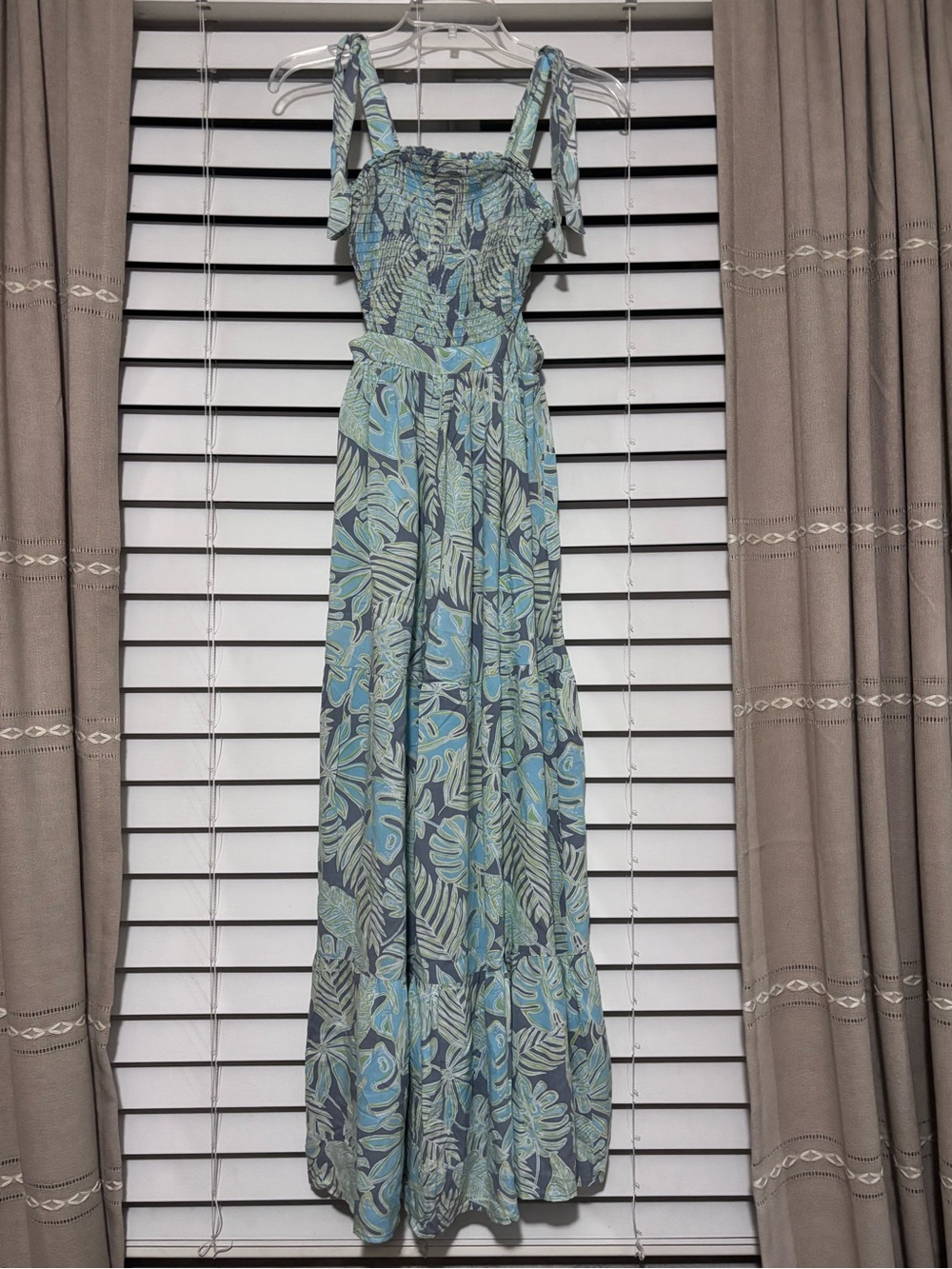 Sincerely Jules Blue Green Tropical Tie-Shoulder Maxi Dress